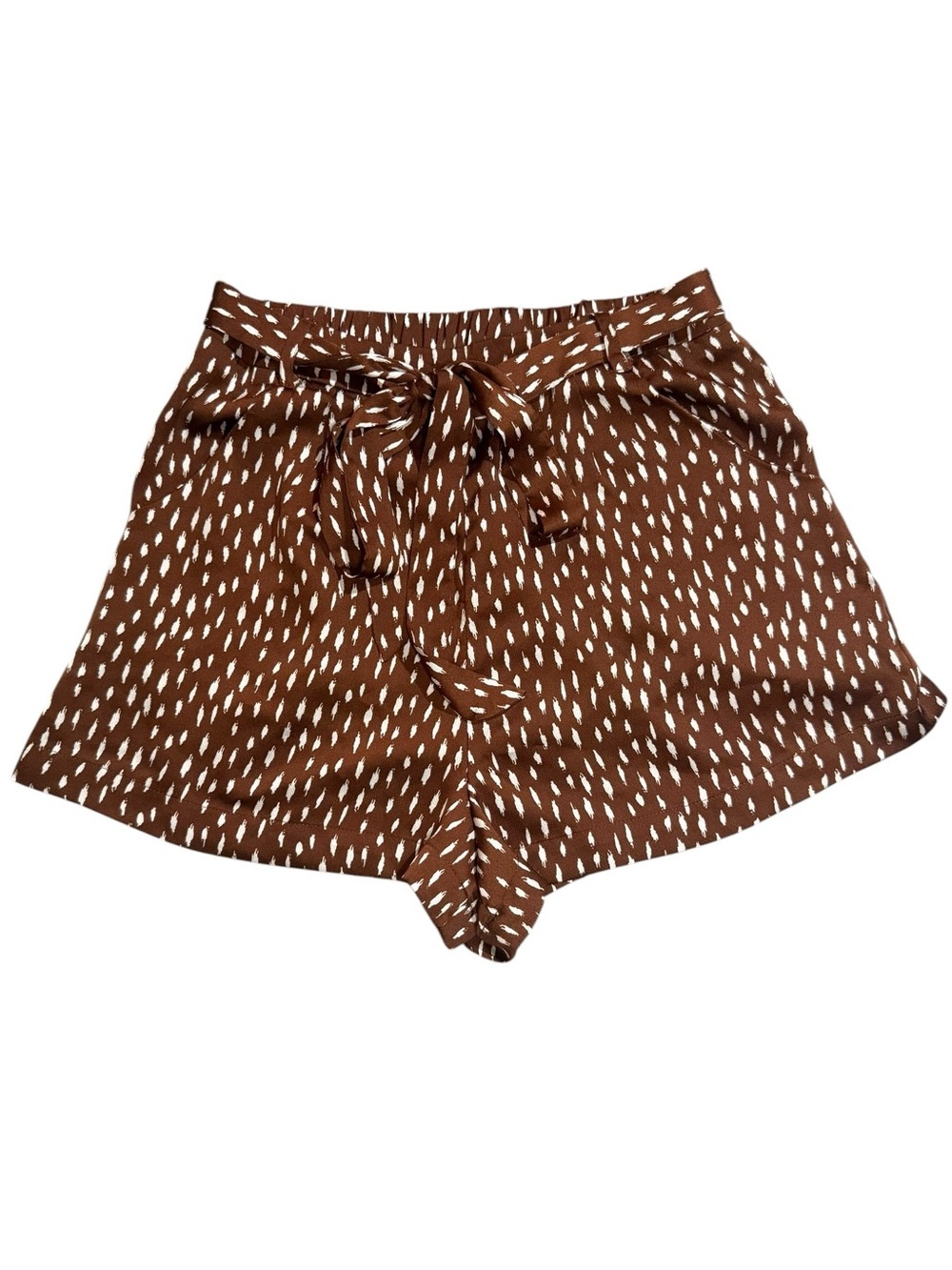 Blue Rain Francescas Medium Brown White Printed Tie-Waist High-Rise Silky Shorts